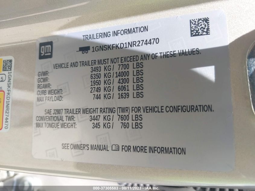 2022 CHEVROLET SUBURBAN K1500 PREMIER - 1GNSKFKD1NR274470