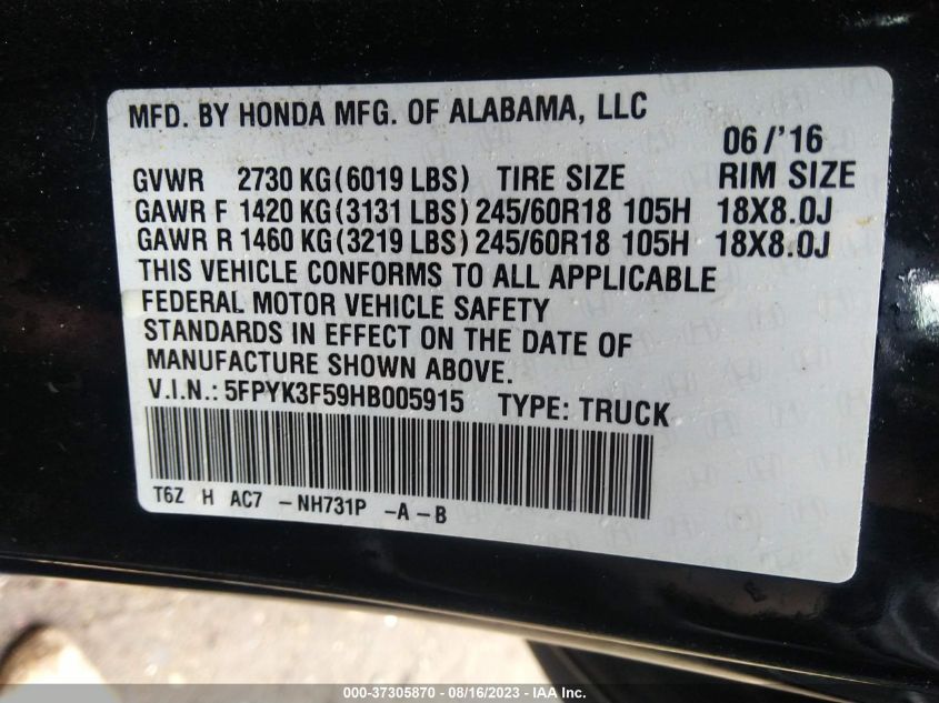 2017 HONDA RIDGELINE RTL - 5FPYK3F59HB005915