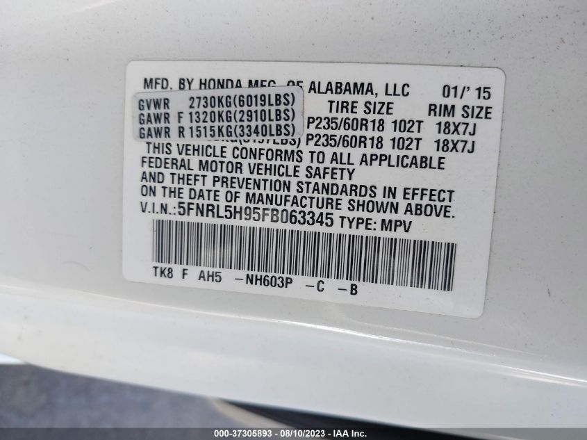 2015 HONDA ODYSSEY TOURING - 5FNRL5H95FB063345