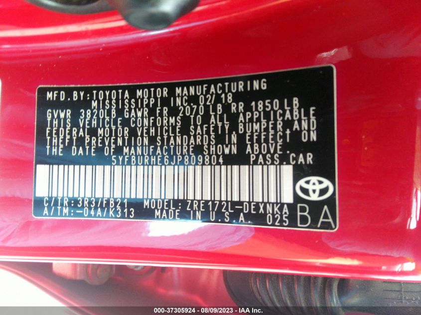 2018 TOYOTA COROLLA LE - 5YFBURHE6JP809804