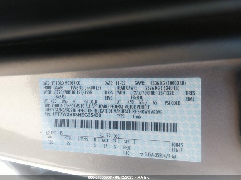 2022 FORD SUPER DUTY F-250 SRW XL/XLT/LARIAT - 1FT7W2B68NEG35438