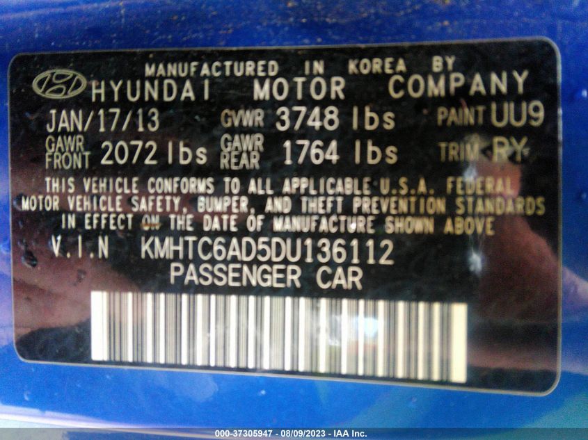 2013 HYUNDAI VELOSTER RE:MIX - KMHTC6AD5DU136112