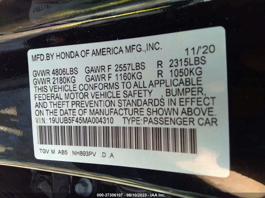 2021 ACURA TLX W/TECHNOLOGY PACKAGE - 19UUB5F45MA004310