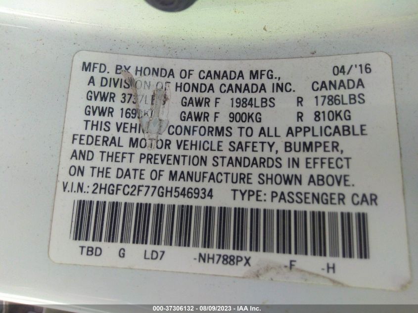 2016 HONDA CIVIC SEDAN EX - 2HGFC2F77GH546934