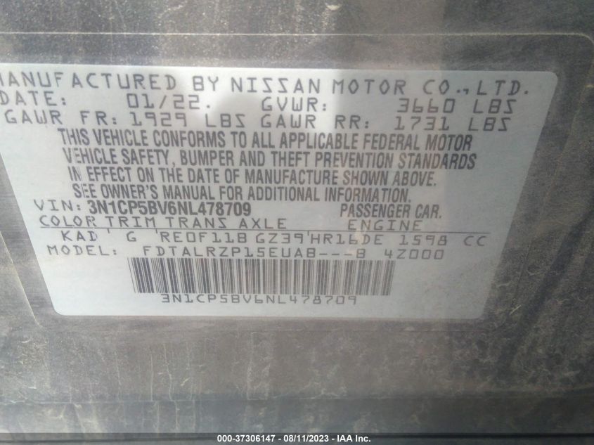 2022 NISSAN KICKS S - 3N1CP5BV6NL478709
