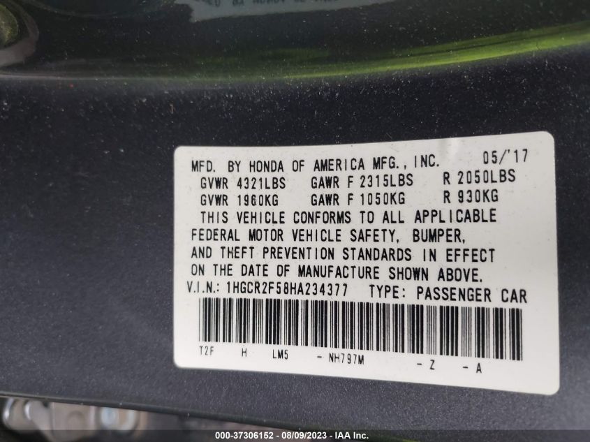 2017 HONDA ACCORD SEDAN SPORT - 1HGCR2F58HA234377