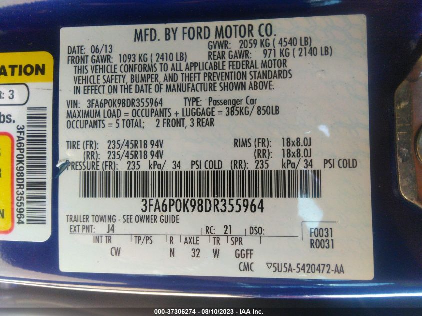 2013 FORD FUSION TITANIUM - 3FA6P0K98DR355964