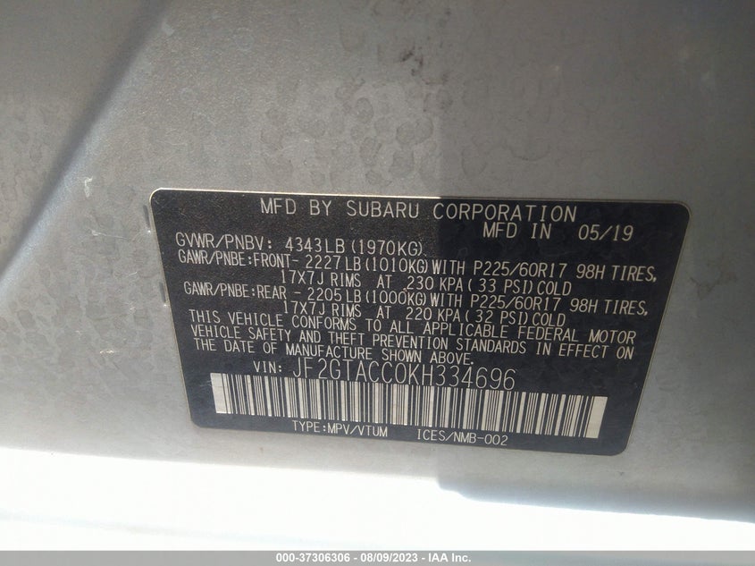 VIN JF2GTACC0KH334696 2019 SUBARU CROSSTREK PREMIUM