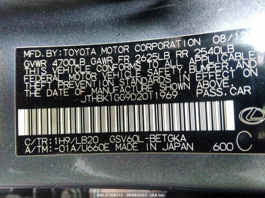2013 LEXUS ES 350 4DR SDN - JTHBK1GG9D2011969