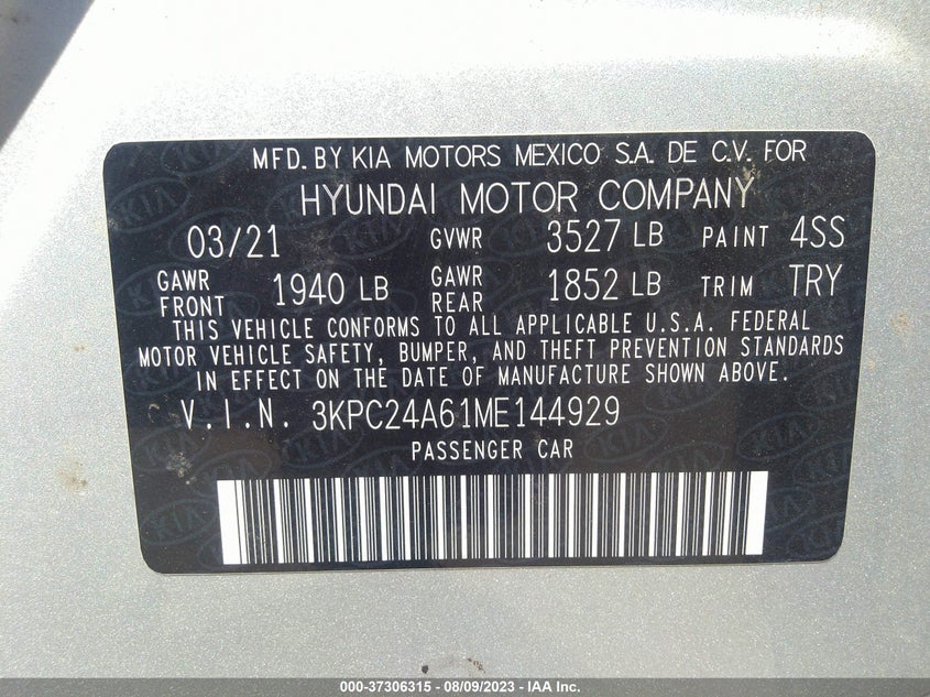 VIN 3KPC24A61ME144929 2021 HYUNDAI ACCENT SE