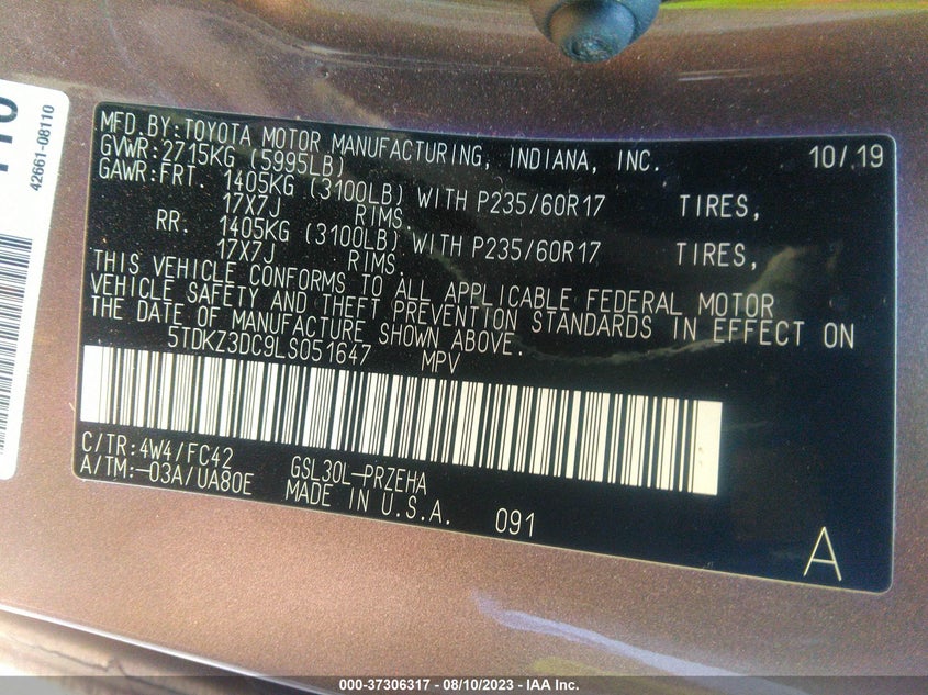 VIN 5TDKZ3DC9LS051647 2020 TOYOTA SIENNA LE