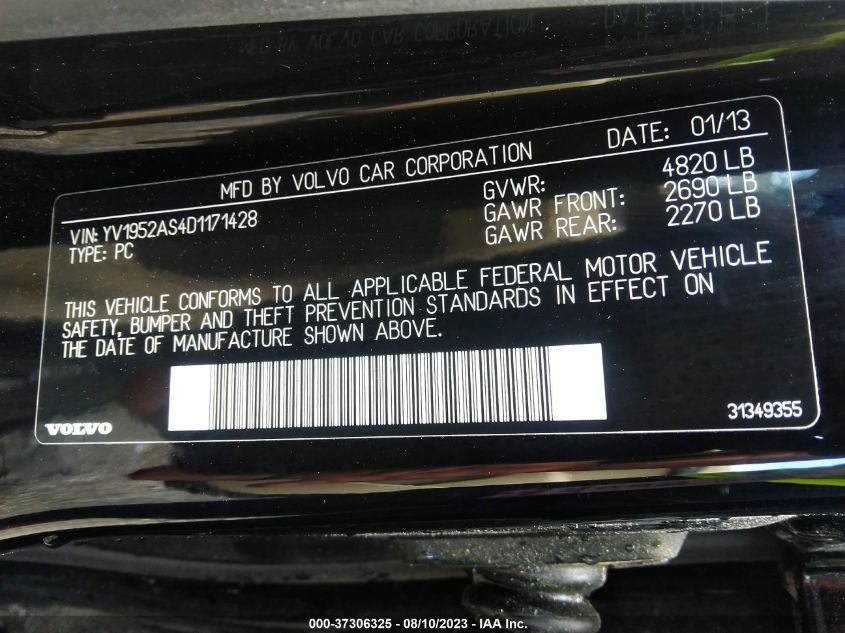 2013 VOLVO S80 3.2L YV1952AS4D1171428