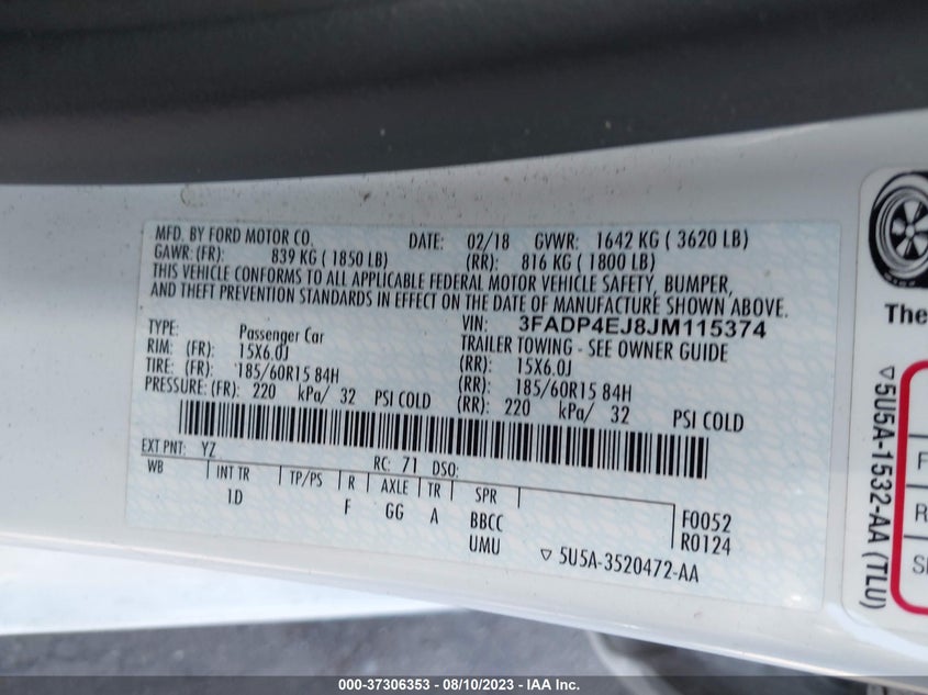 VIN 3FADP4EJ8JM115374 2018 FORD FIESTA SE