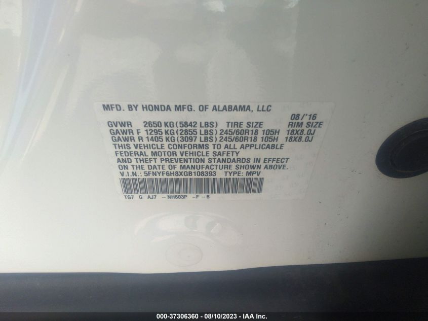 2016 HONDA PILOT EX-L - 5FNYF6H8XGB108393