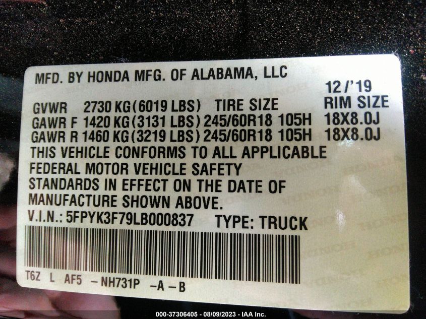 2020 HONDA RIDGELINE RTL-E - 5FPYK3F79LB000837