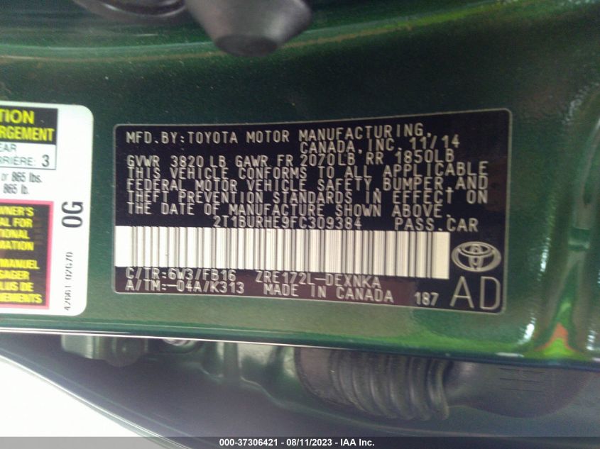 2015 TOYOTA COROLLA L/LE/S/S PLUS/LE PLUS - 2T1BURHE9FC309384