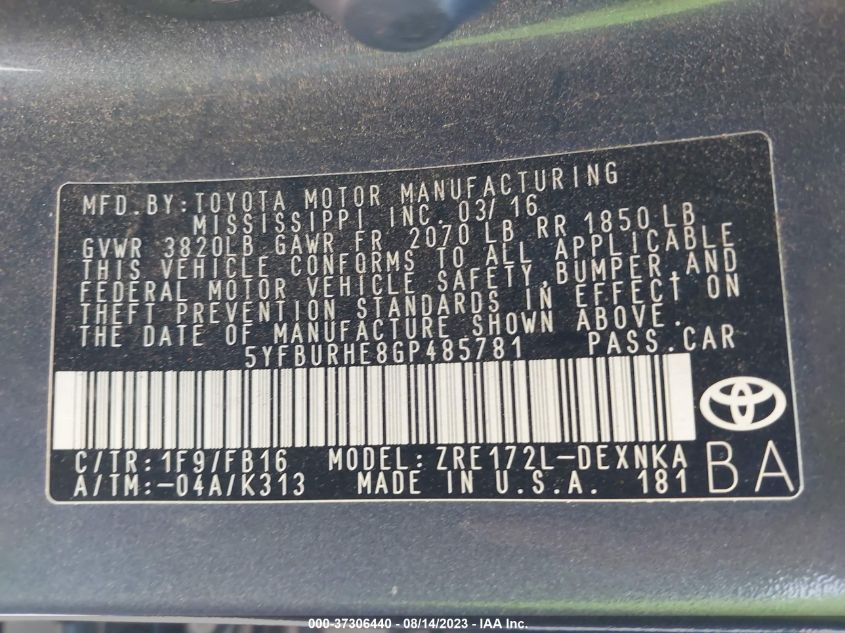 2016 TOYOTA COROLLA L/LE/S/S PLUS/LE PLUS - 5YFBURHE8GP485781