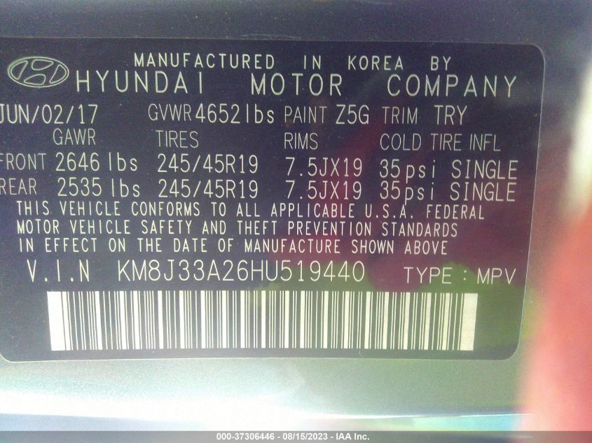2017 HYUNDAI TUCSON LIMITED - KM8J33A26HU519440