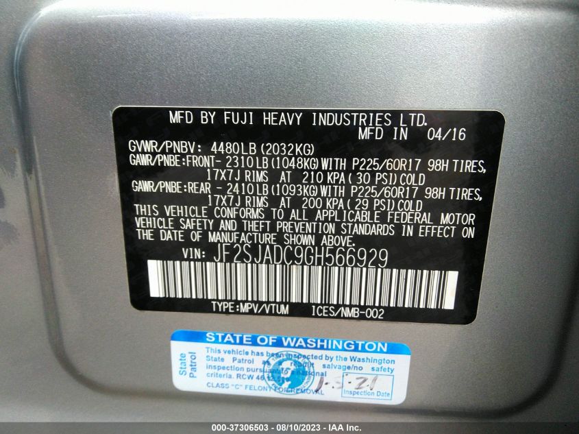 2016 SUBARU FORESTER 2.5I PREMIUM - JF2SJADC9GH566929