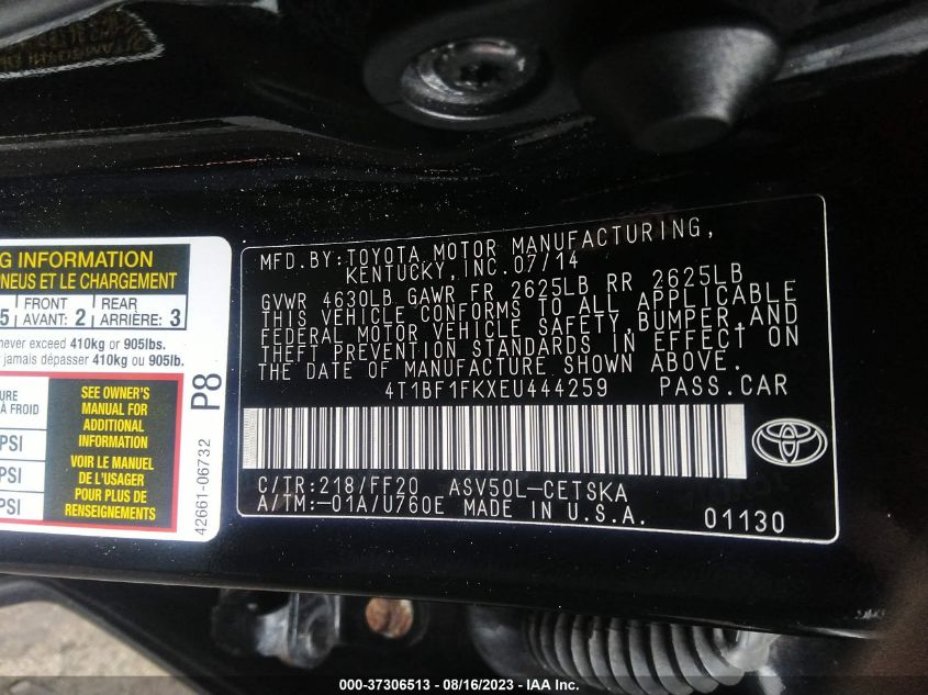 2014 TOYOTA CAMRY L/LE/XLE/SE/SE SPORT - 4T1BF1FKXEU444259