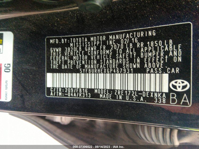 2016 TOYOTA COROLLA L/LE/LE PLS/PRM/S/S PLS - 5YFBURHEXGP467931