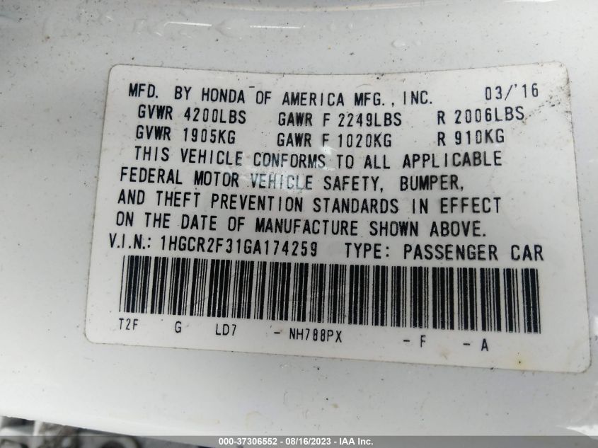 2016 HONDA ACCORD SEDAN LX - 1HGCR2F31GA174259