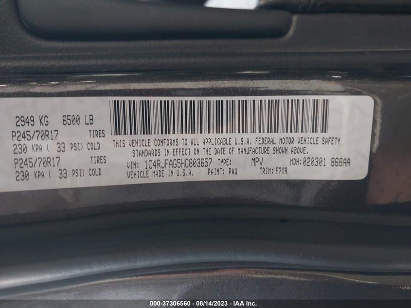 VIN 1C4RJFAG5HC803657 2017 JEEP GRAND CHEROKEE LAREDO