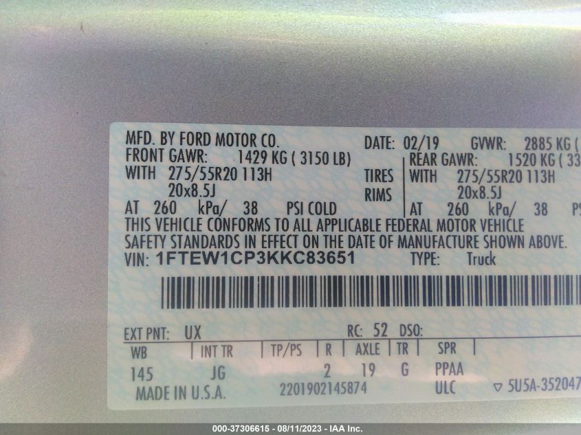 2019 FORD F-150 XL/XLT/LARIAT - 1FTEW1CP3KKC83651