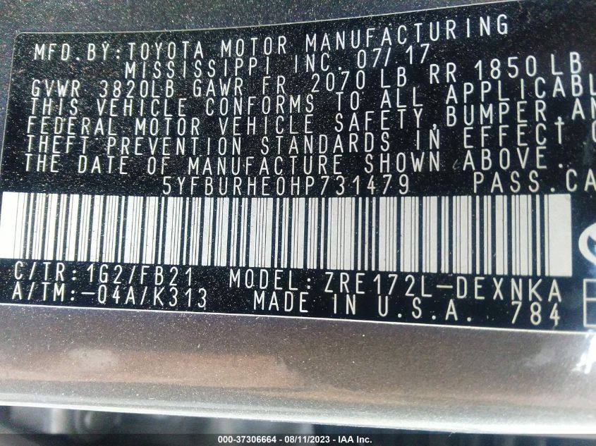 2017 TOYOTA COROLLA L/LE/XLE/SE/XSE - 5YFBURHE0HP731479