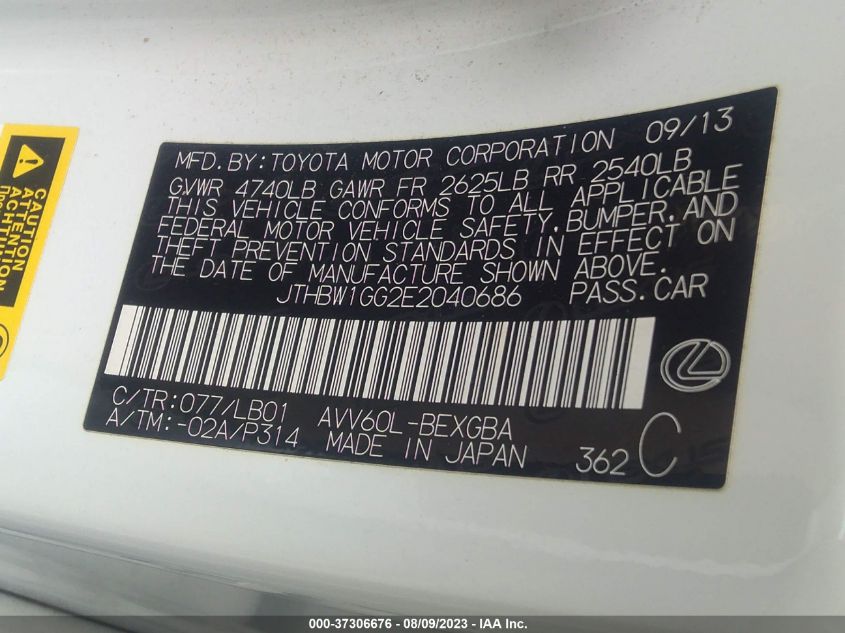 2014 LEXUS ES 300H HYBRID JTHBW1GG2E2040686