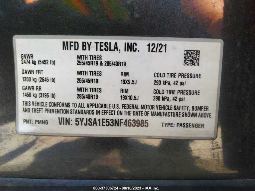 VIN 5YJSA1E53NF463985 2022 TESLA MODEL S