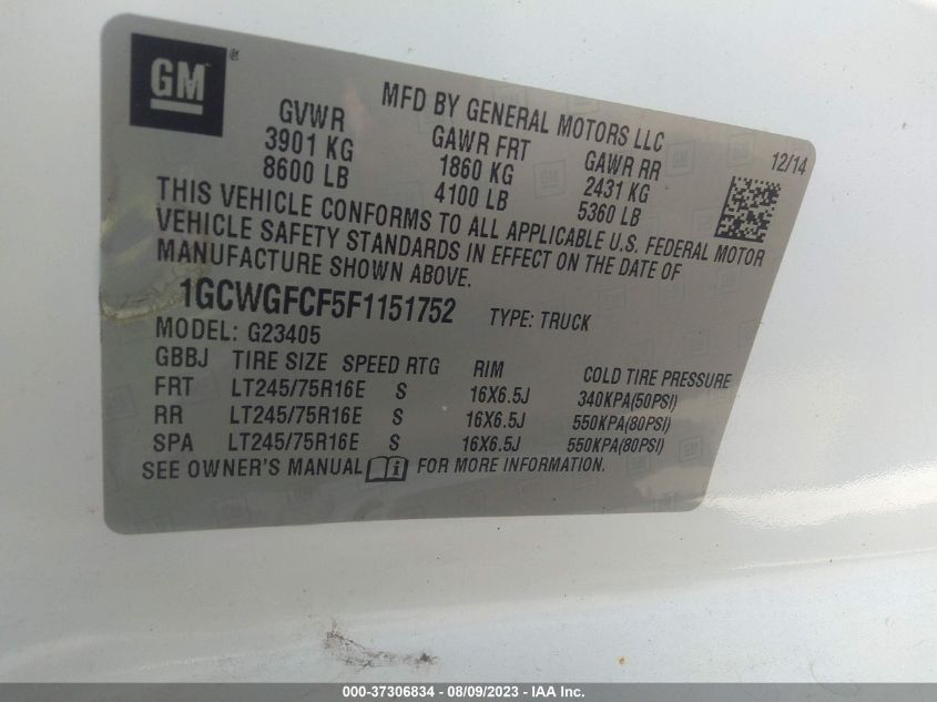 2015 CHEVROLET EXPRESS CARGO VAN - 1GCWGFCF5F1151752