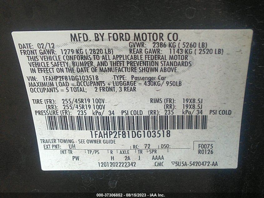 2013 FORD TAURUS LIMITED - 1FAHP2F81DG103518