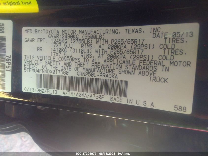 2013 TOYOTA TACOMA - 5TFMU4FN4DX017560