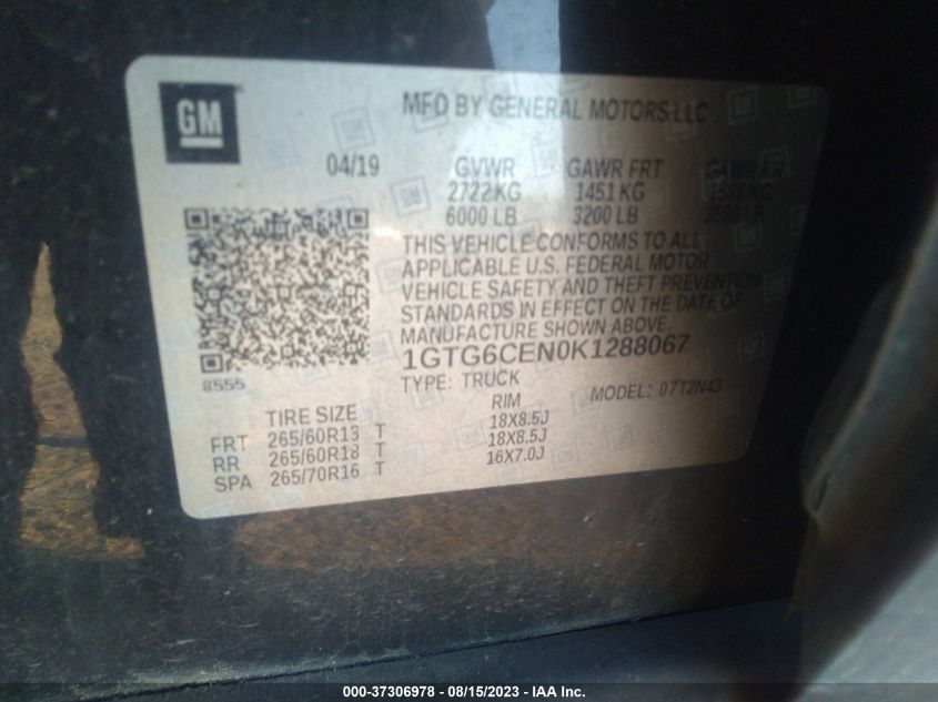 2019 GMC CANYON 4WD SLE - 1GTG6CEN0K1288067