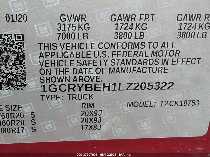 2020 CHEVROLET SILVERADO 1500 CUSTOM - 1GCRYBEH1LZ205322
