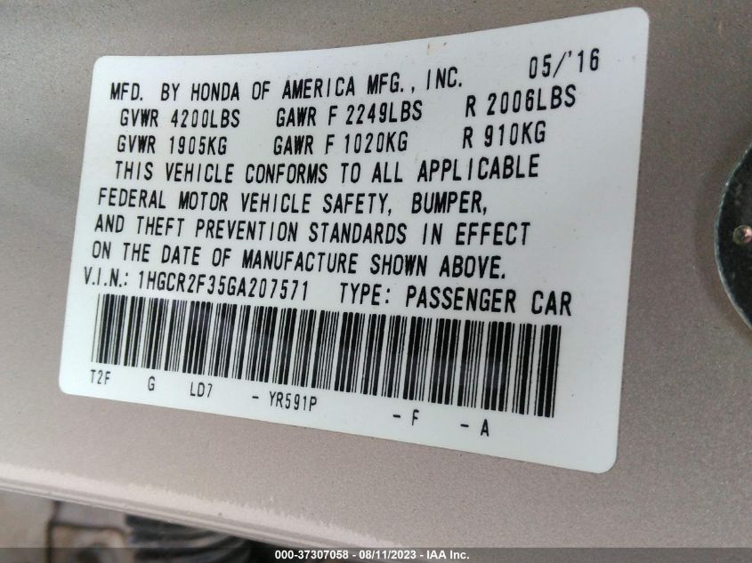 2016 HONDA ACCORD SEDAN LX - 1HGCR2F35GA207571