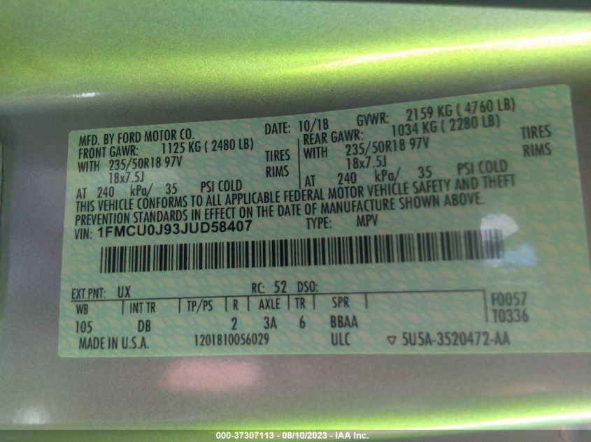 VIN 1FMCU0J93JUD58407 2018 FORD ESCAPE TITANIUM