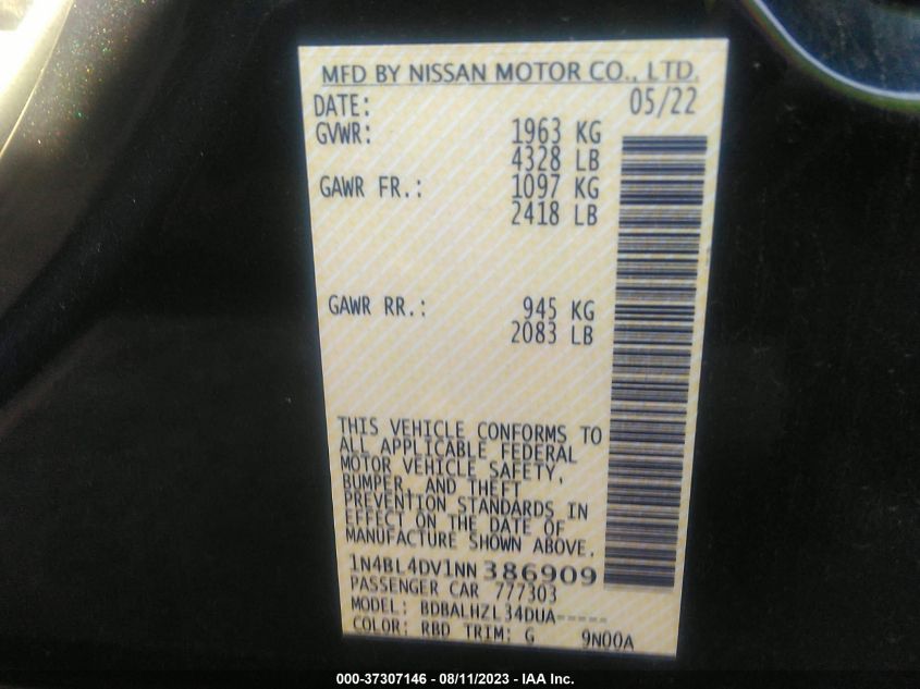 2022 NISSAN ALTIMA 2.5 SV - 1N4BL4DV1NN386909