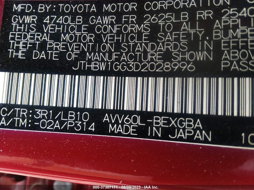 2013 LEXUS ES 300H HYBRID JTHBW1GG3D2028996