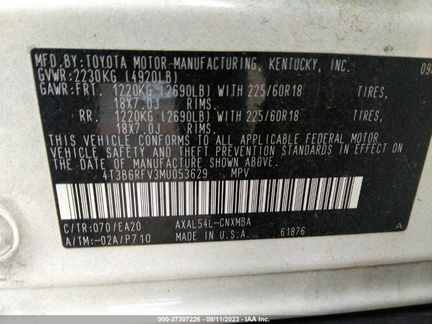2021 TOYOTA RAV4 HYBRID - 4T3B6RFV3MU053629