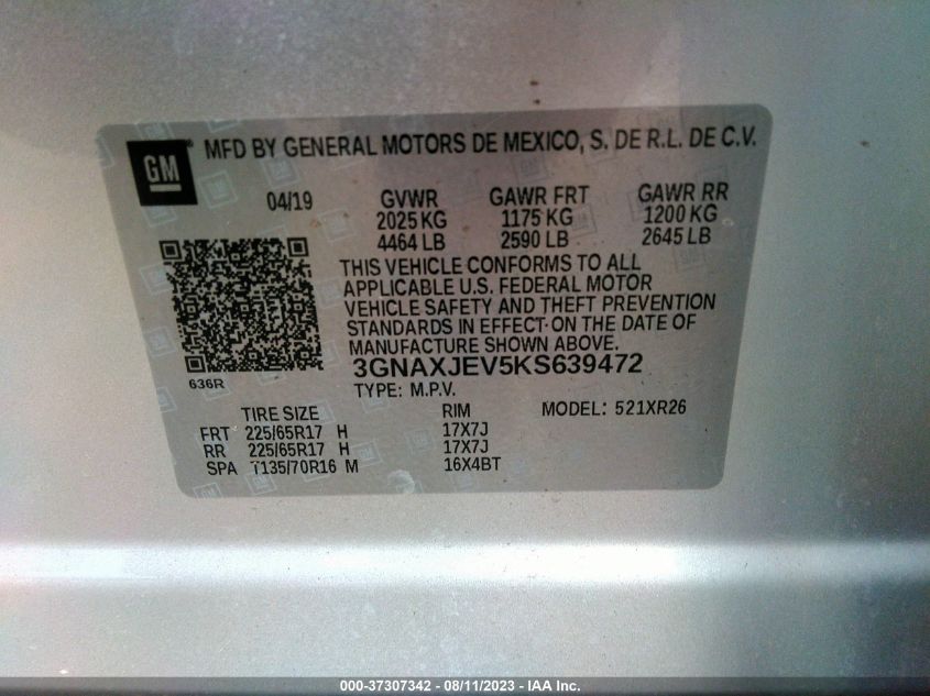 2019 CHEVROLET EQUINOX LT - 3GNAXJEV5KS639472