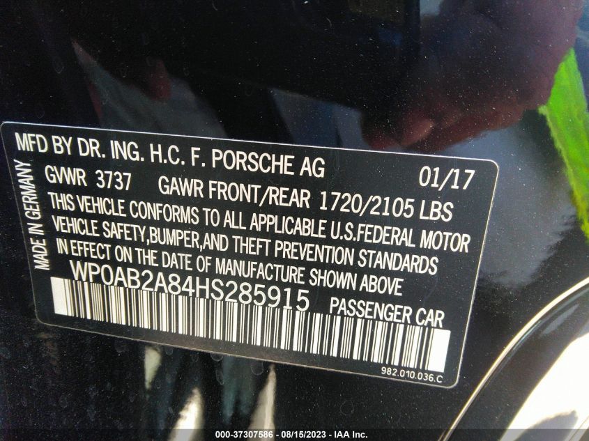 2017 PORSCHE 718 CAYMAN S - WP0AB2A84HS285915
