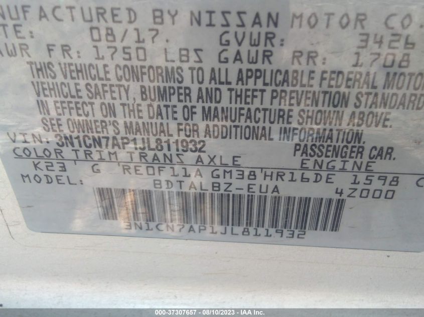 2018 NISSAN VERSA SEDAN SV - 3N1CN7AP1JL811932