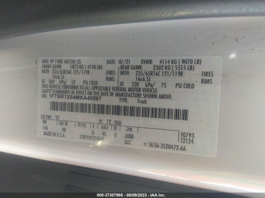 2021 FORD TRANSIT CARGO VAN - 1FTBR1X84MKA49597