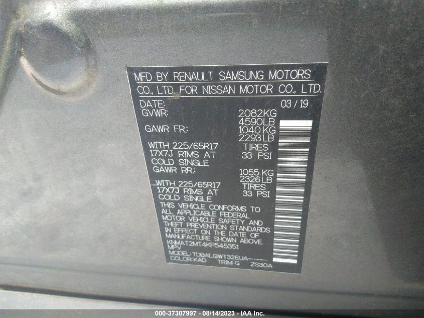 2019 NISSAN ROGUE SV - KNMAT2MT4KP545351