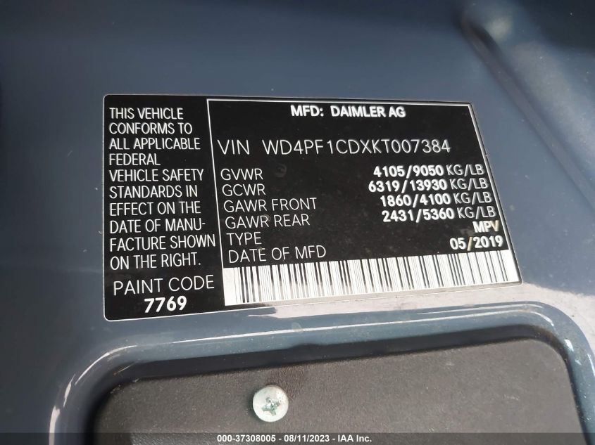 2019 MERCEDES-BENZ SPRINTER VAN WD4PF1CDXKT007384