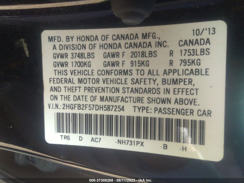 2013 HONDA CIVIC SDN LX - 2HGFB2F57DH587254