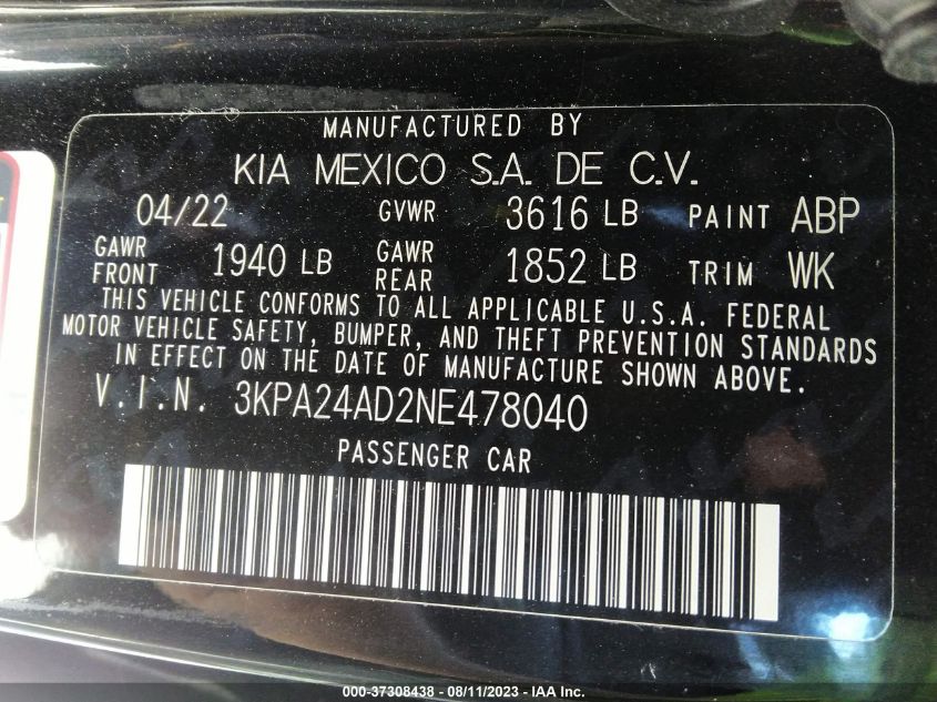 2022 KIA RIO S - 3KPA24AD2NE478040