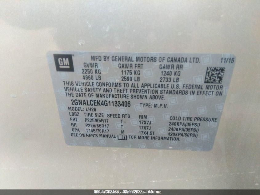 2016 CHEVROLET EQUINOX LT - 2GNALCEK4G1133406